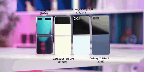 Four Galaxy Z Flip Phones Are Lined Up On A White Table GIF