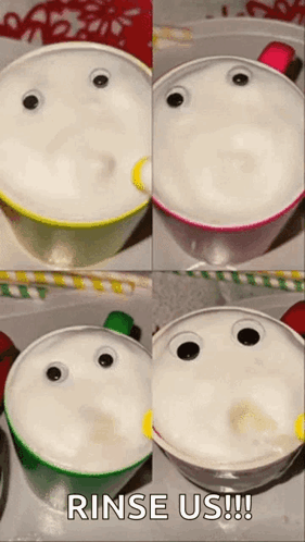 Four Googly Eye Cups Saying Rinse Us