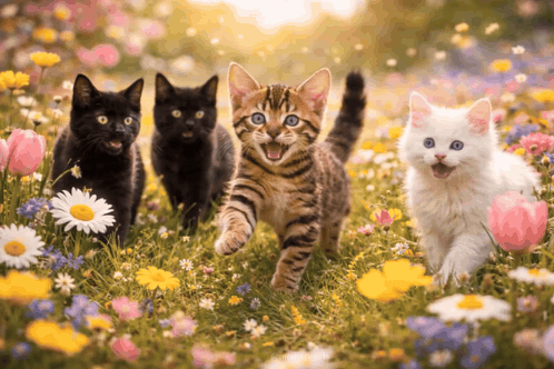 Four Kittens Running In A Field Of Flowers GIF