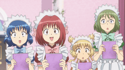 Four Maids Holding Purple Papers