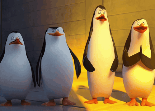 Four Penguins Are Standing Next To Each Other With Their Arms Folded GIF