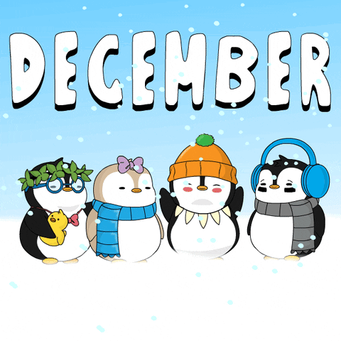 Four Penguins Wearing Scarves And Hats Are Standing In The Snow With The Word December Above Them GIF