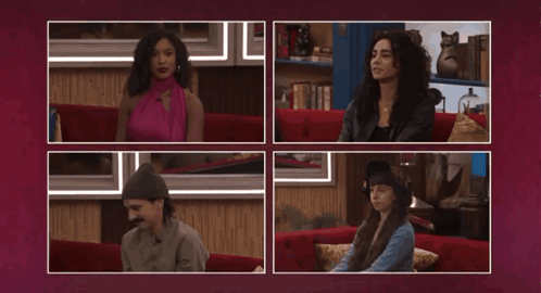 Four People Sitting on Red Couch