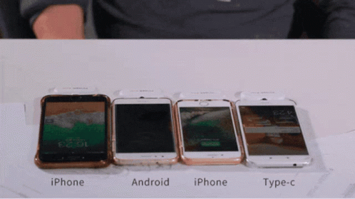 Four Phones Are Lined Up Next To Each Other With The Words Iphone Android And Type-C GIF