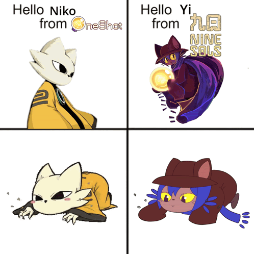 Four Pictures Of A Cat With The Words Hello Niko From Oneshot And Hello Yi From Nine Souls GIF