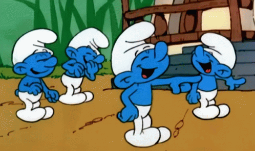 Four Smurfs Are Laughing And Pointing At Something GIF