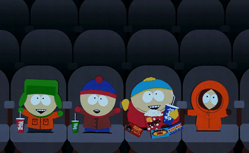 Four South Park Characters Are Sitting In A Movie Theater GIF