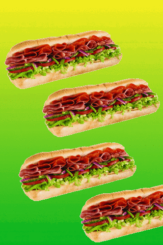 Four Sub Sandwiches On A Green Background With A Yellow And Green Gradient GIF