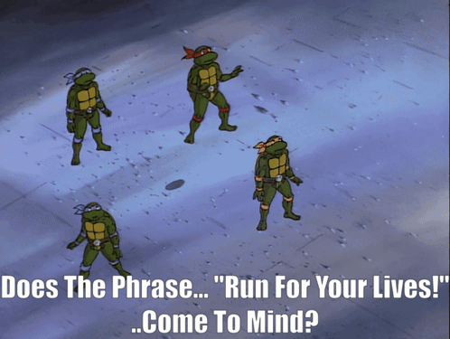 Four Teenage Mutant Ninja Turtles Standing Next To Each Other With The Caption " Does The Phrase " Run For Your Lives "  GIF