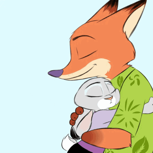 Fox Holding Rabbit Eyes Closed