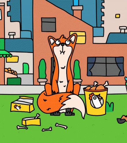Fox Sitting Next To Trash Can With Chicken Wings GIF