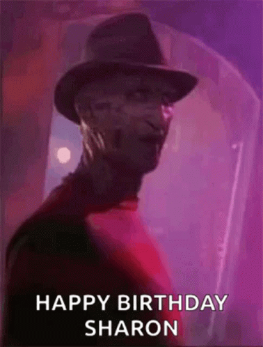 Freddy Krueger From Nightmare On Elm Street Is Wearing A Hat And A Red Shirt And Says Happy Birthday Sharon . GIF