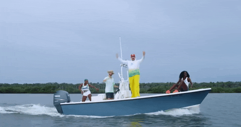Friends Riding Skiff Raise Hands Posing GIF