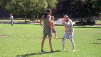 Frisbee Thrown To Two Different Places GIF