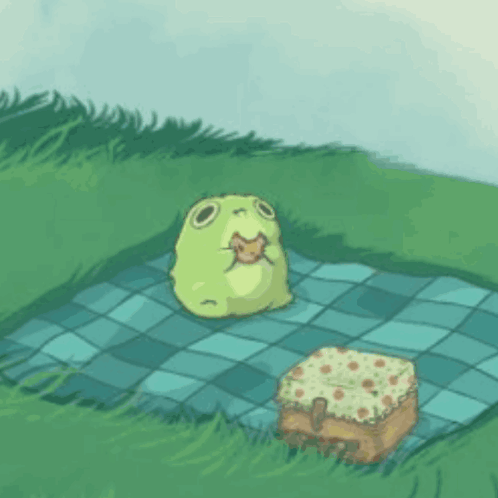 Frog Eating Cake on Picnic Blanket