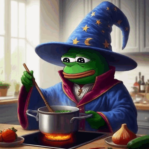 Frog in Wizard Hat Stirring Pot