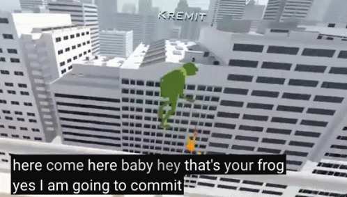 Frog Jumping Off Building Saying Here Come Baby GIF