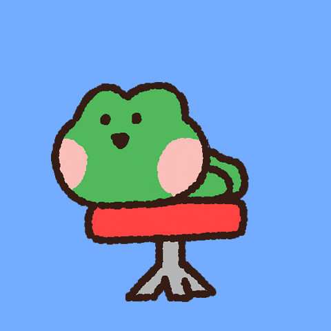 Frog on Red Stool Blue Background