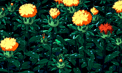 Frog Sitting in Rain Among Flowers
