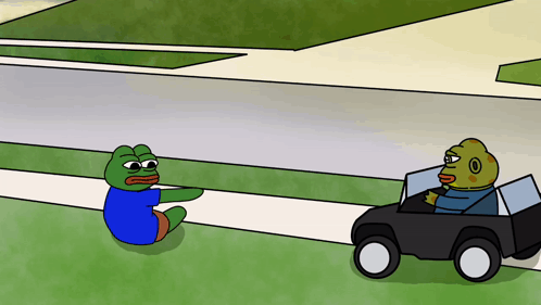 Frog Sitting on Sidewalk and Frog in Car
