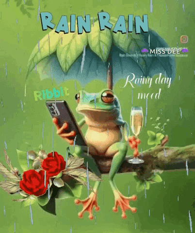 Frog Sitting Under Umbrella Holding Phone and Champagne