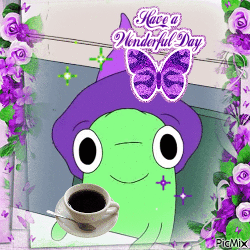 Frog With Coffee Saying Have a Wonderful Day