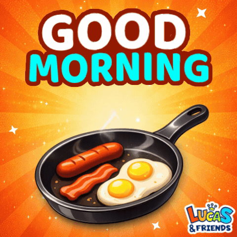 Frying Pan With Eggs Bacon and Sausage Saying Good Morning Lucas & Friends