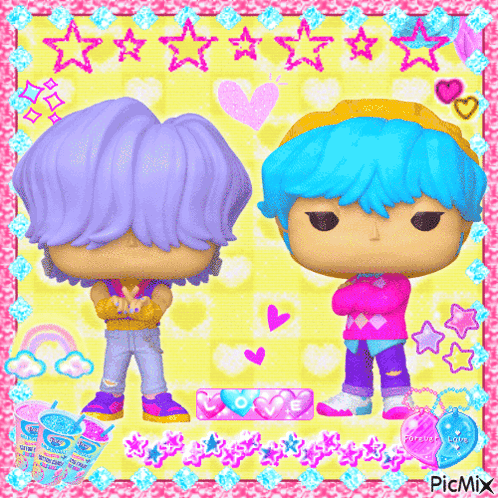 Funko Pop Figures Standing Together On Yellow Background GIF