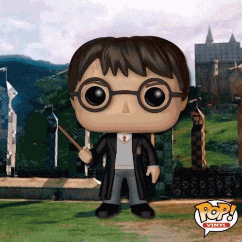 Funko Pop Harry Potter Holding Wand In Front Of Castle GIF