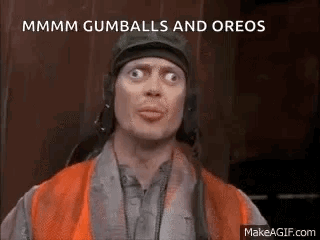 Funny Face Helmeted Orange Vest Talks Gumballs Oreos