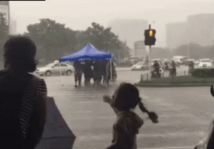 Funny Rain Running People With Tent GIF