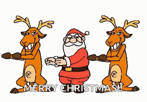 Funny Cartoon Santa Dancing With Reindeers GIF