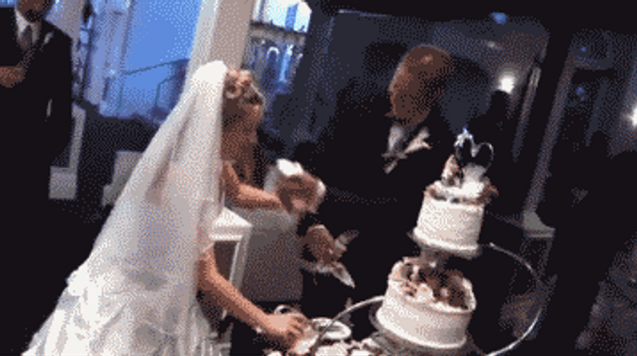 Funny Wedding Newlyweds Cake War GIF
