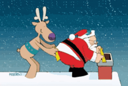 Funny Xmas Cartoon Reindeer Measuring Santa's Bum GIF