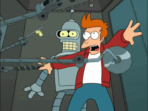 Futurama Characters Fry And Bender Are Standing In Front Of A Machine With The Number 7 On It GIF