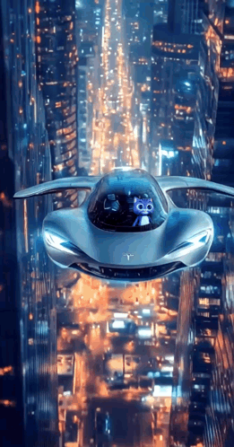 Futuristic Flying Car Over City GIF