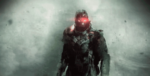 Futuristic Soldier with Red Eyes and Helmet