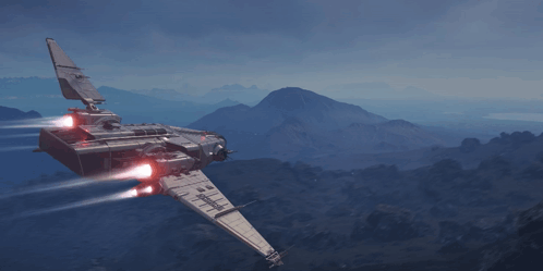 Futuristic Space Ship Flying Over Mountain Range