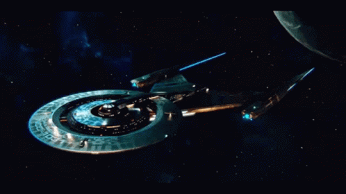 Futuristic Spaceship Flying in Night Sky With Planet