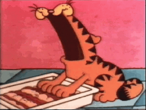 Garfield Is Eating Bacon From A Pan . GIF