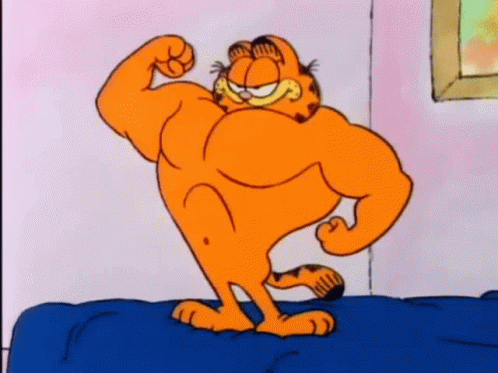 Garfield Is Flexing His Muscles On A Bed . GIF