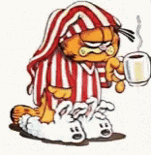 Garfield Is Holding A Cup Of Coffee And Wearing Pajamas And Slippers . GIF