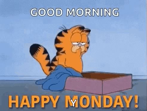 Garfield Is Laying On A Box And Saying `` Good Morning Happy Monday ! '' GIF