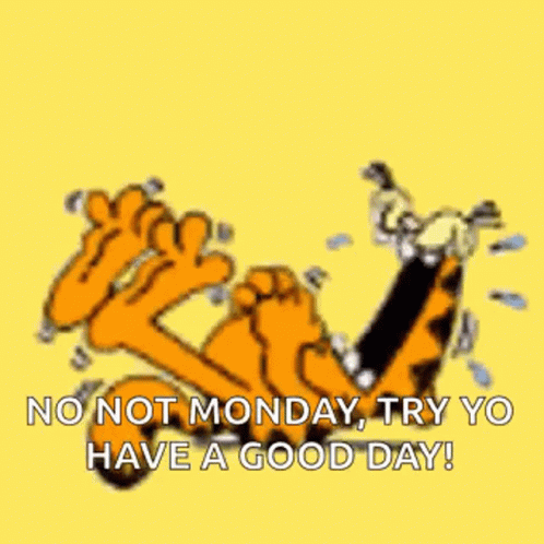 Garfield Is Laying On His Back With The Words `` No Not Monday , Try Yo Have A Good Day '' . GIF