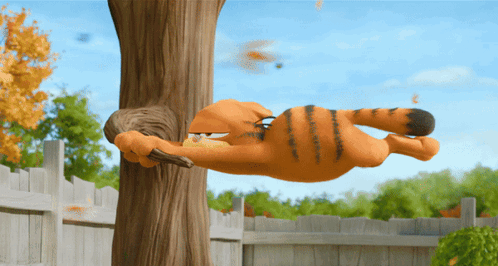 Garfield Lying on Tree Trunk with Squirrel