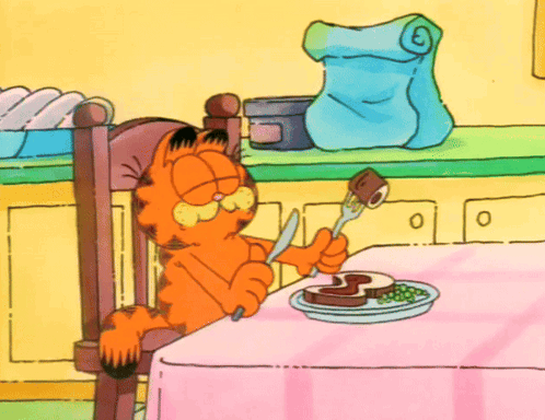 Garfield Sitting At Table With Plate, Knife And Fork GIF