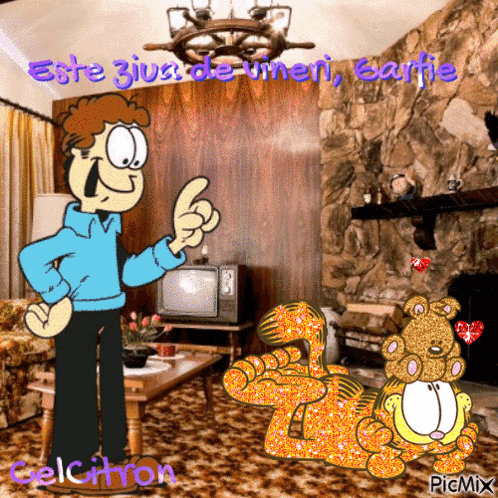 Garfield Standing Next to Man in Blue Shirt