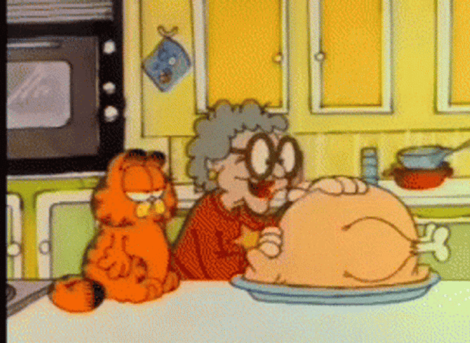 Garfield Thanksgiving Cat Grandma Chainsaw Turkey GIF