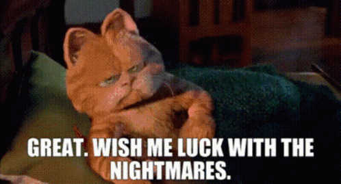 Garfield The Cat Is Laying On A Pillow And Says `` Great Wish Me Luck With The Nightmares '' GIF