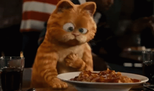 Garfield The Cat Is Sitting At A Table With A Plate Of Food GIF